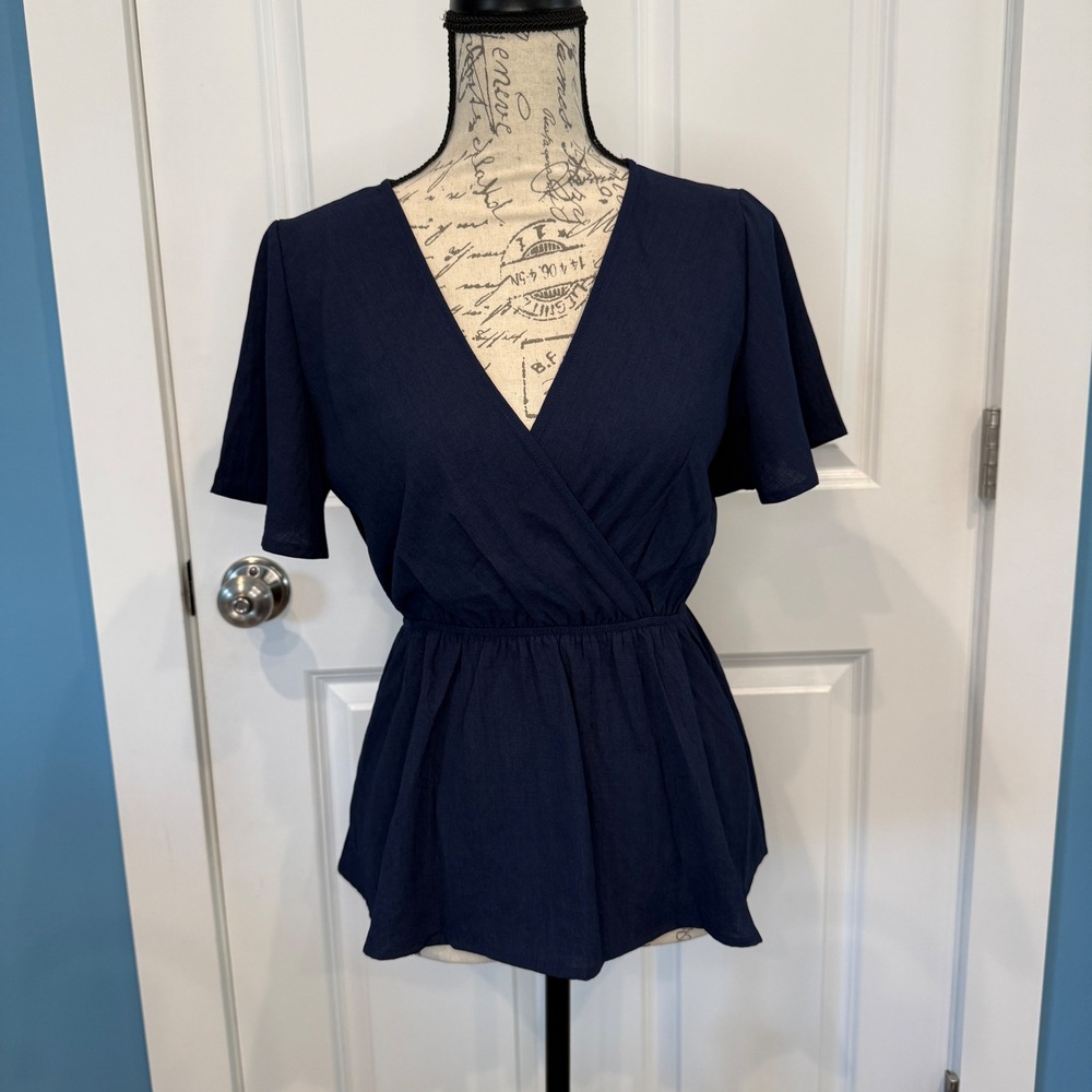 SHEIN‎ Navy Blue V-Neck Peplum Wrap Blouse Short Flutter Sleeve Top Size Small